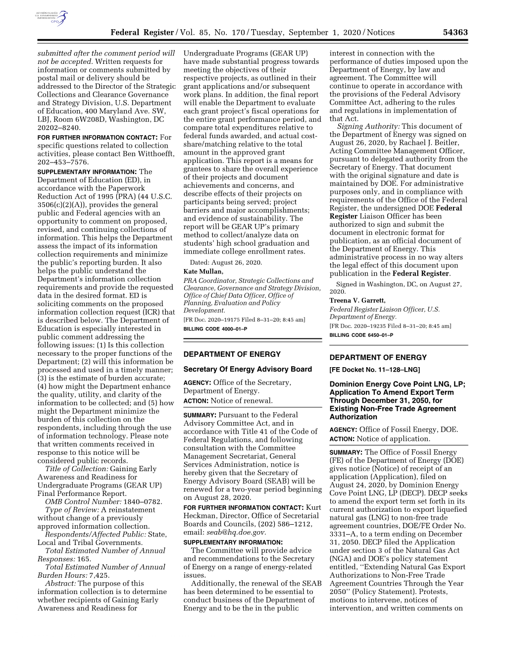 Federal Register/Vol. 85, No. 170/Tuesday, September 1, 2020