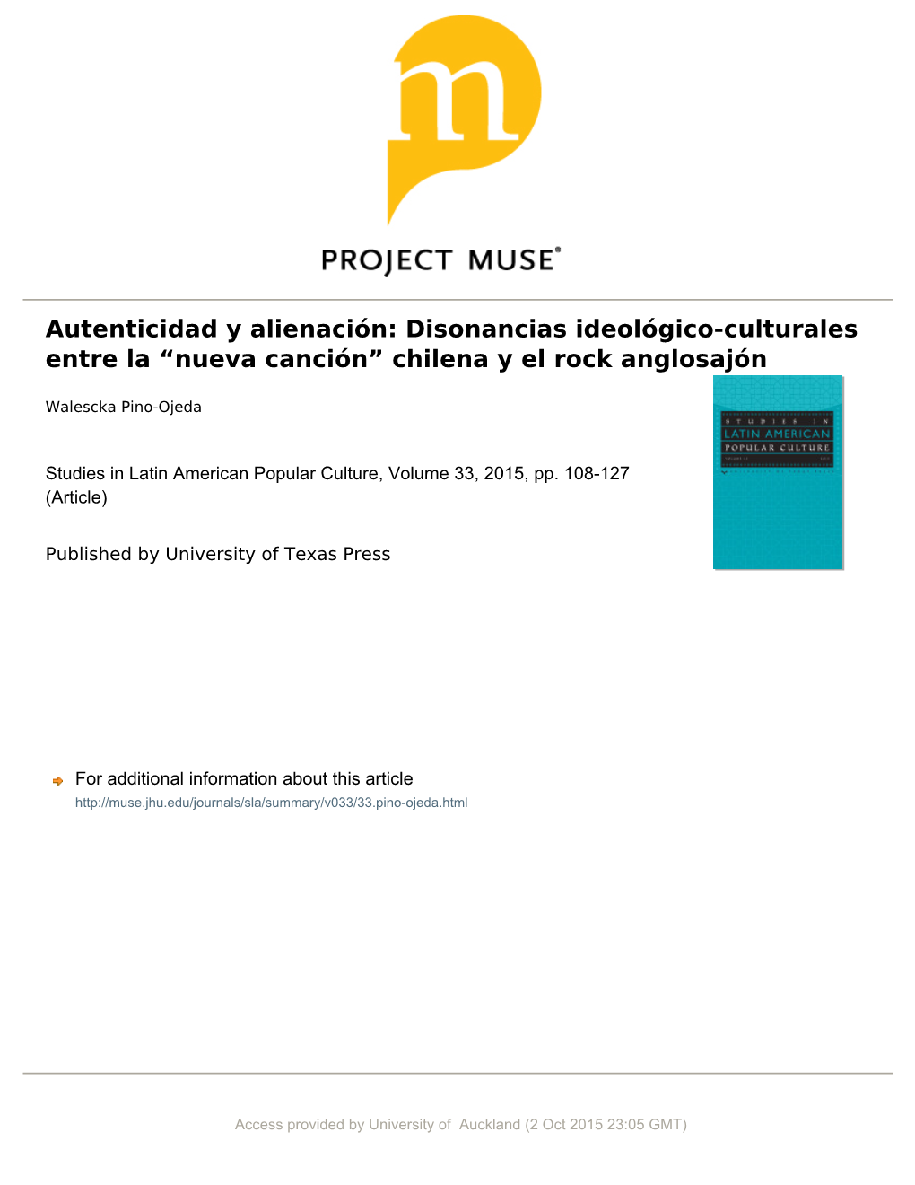 Autenticidad Y Alienación: Disonancias Ideológico-Culturales Entre La “Nueva Canción” Chilena Y El Rock Anglosajón