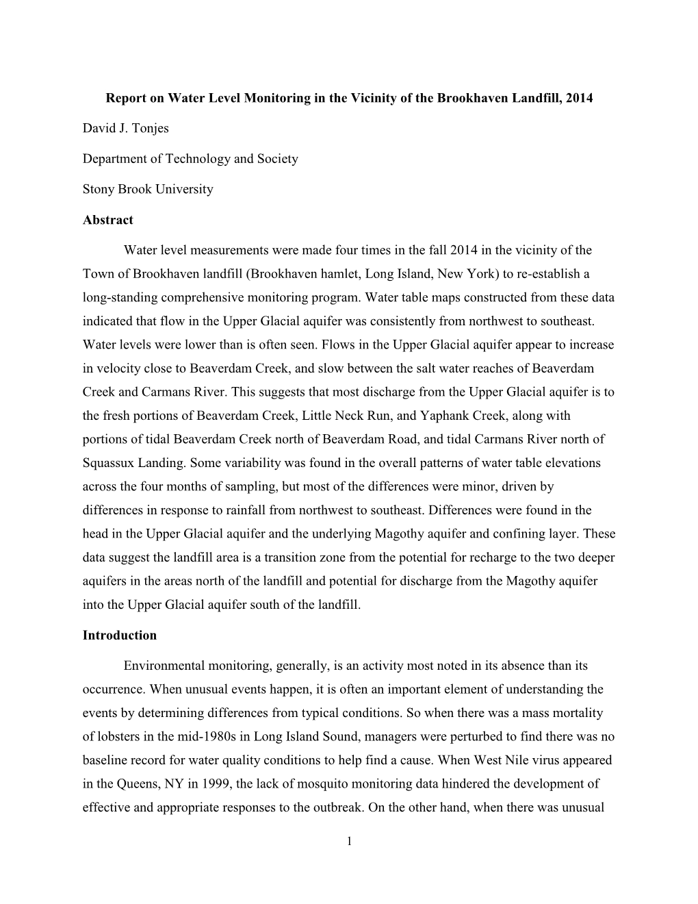 Report on Water Level Monitoring in the Vicinity of the Brookhaven Landfill, 2014