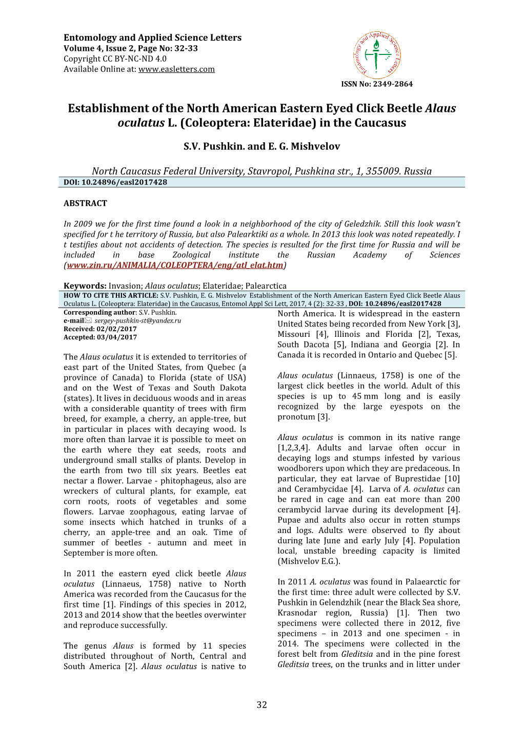 Establishment of the North American Eastern Eyed Click Beetle Alaus Oculatus L