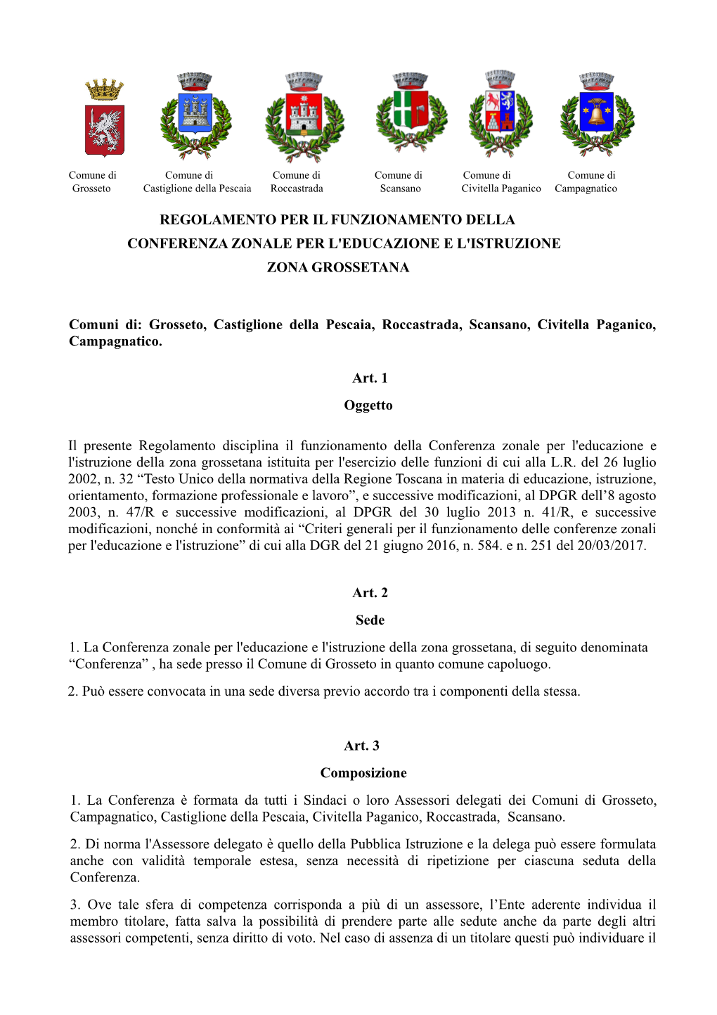 Regolamento Per Il Funzionamento Della Conferenza Zonale Per L'educazione E L'istruzione Zona Grossetana