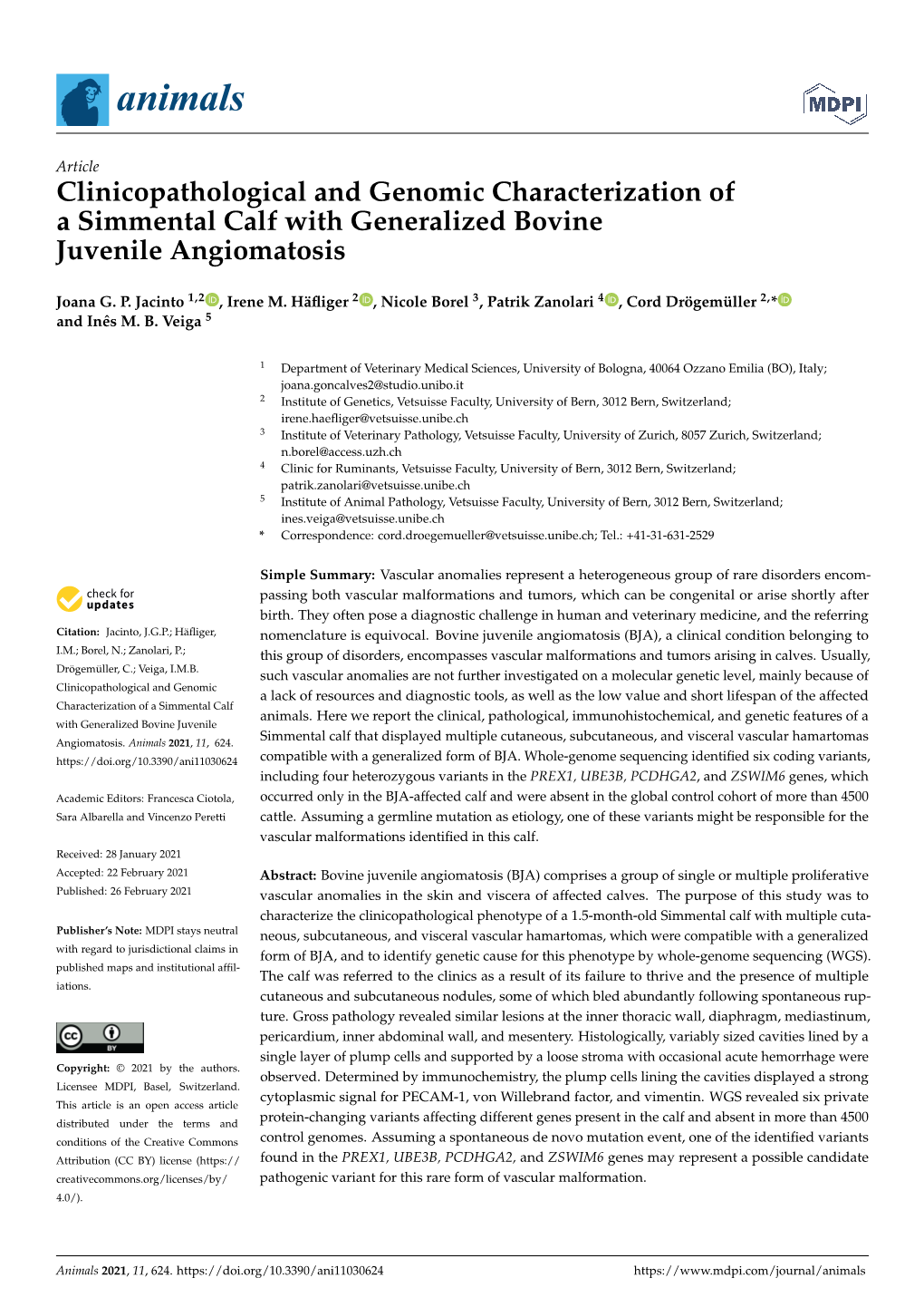 Clinicopathological and Genomic Characterization of a Simmental Calf with Generalized Bovine Juvenile Angiomatosis