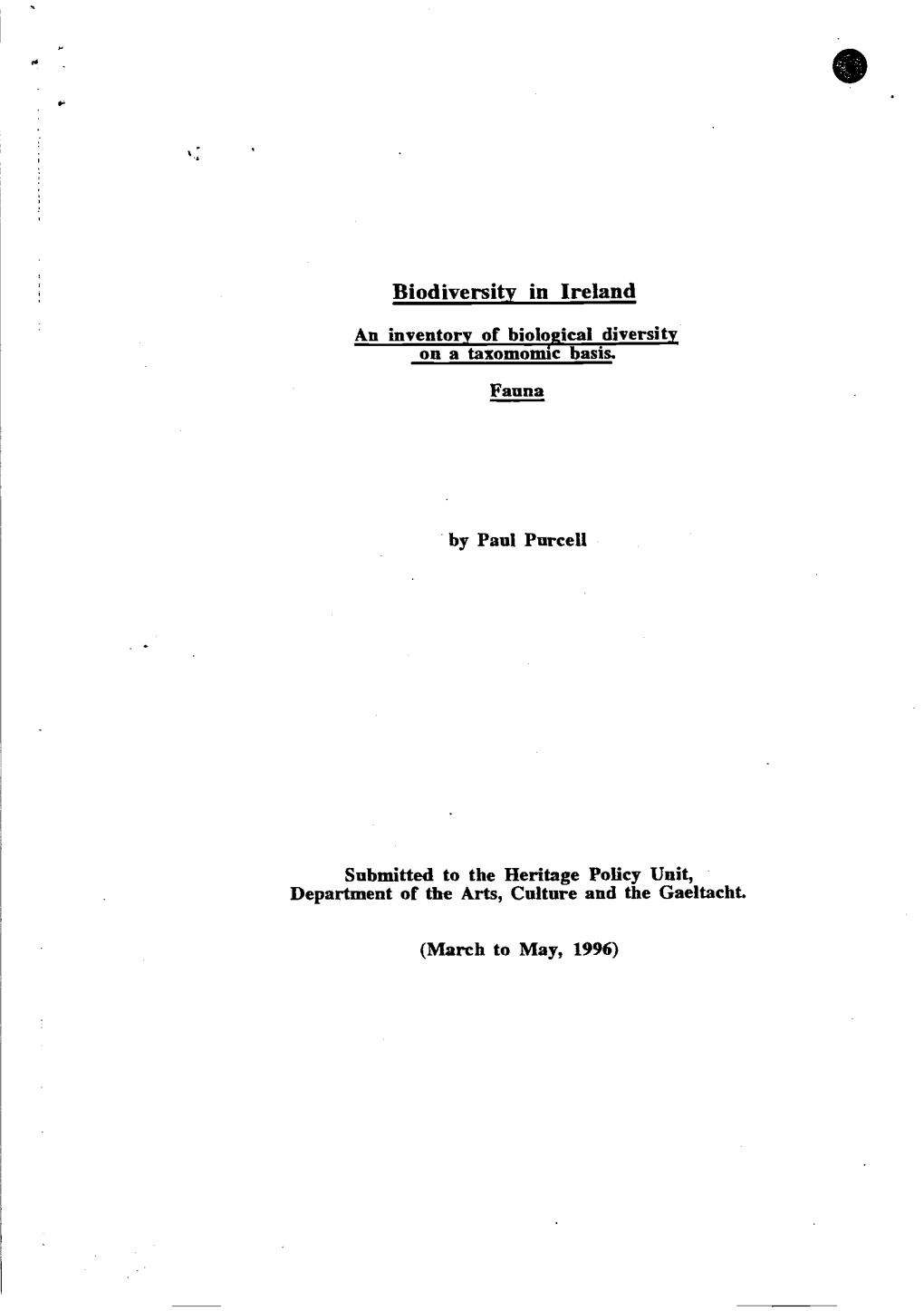 Biodiversity in Ireland an Inventory of Biological Diversity on a Taxonomic Basis