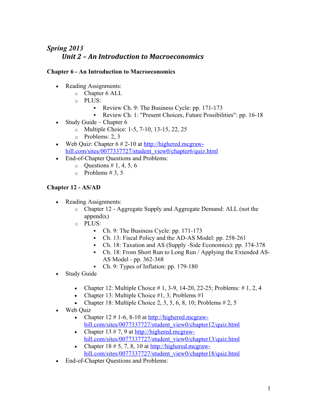 Spring 2013Unit 2 an Introduction to Macroeconomics