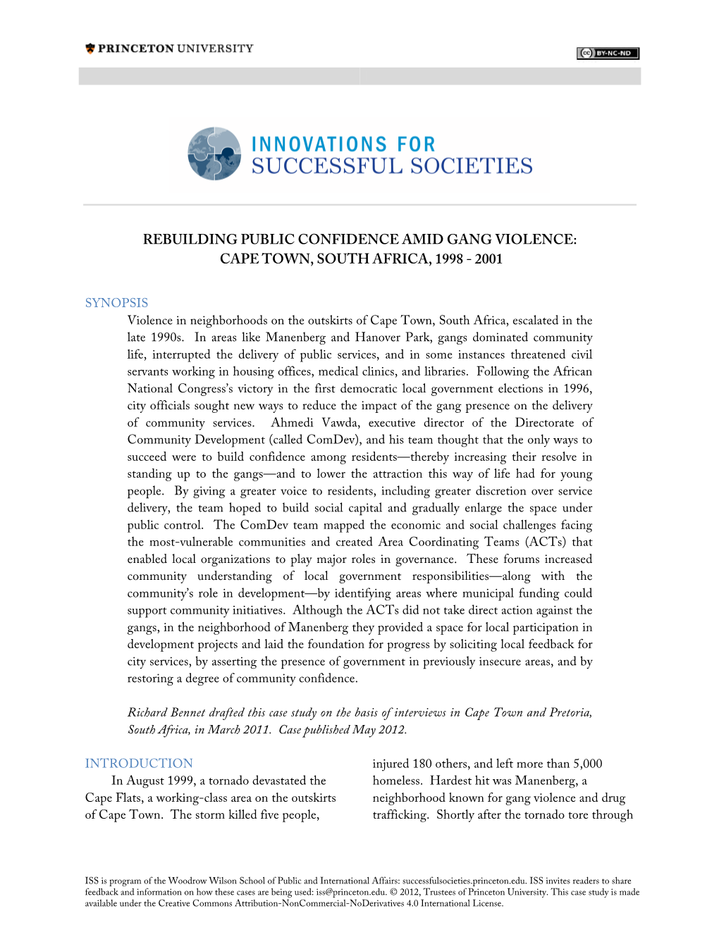 Rebuilding Public Confidence Amid Gang Violence: Cape Town, South Africa, 1998 - 2001