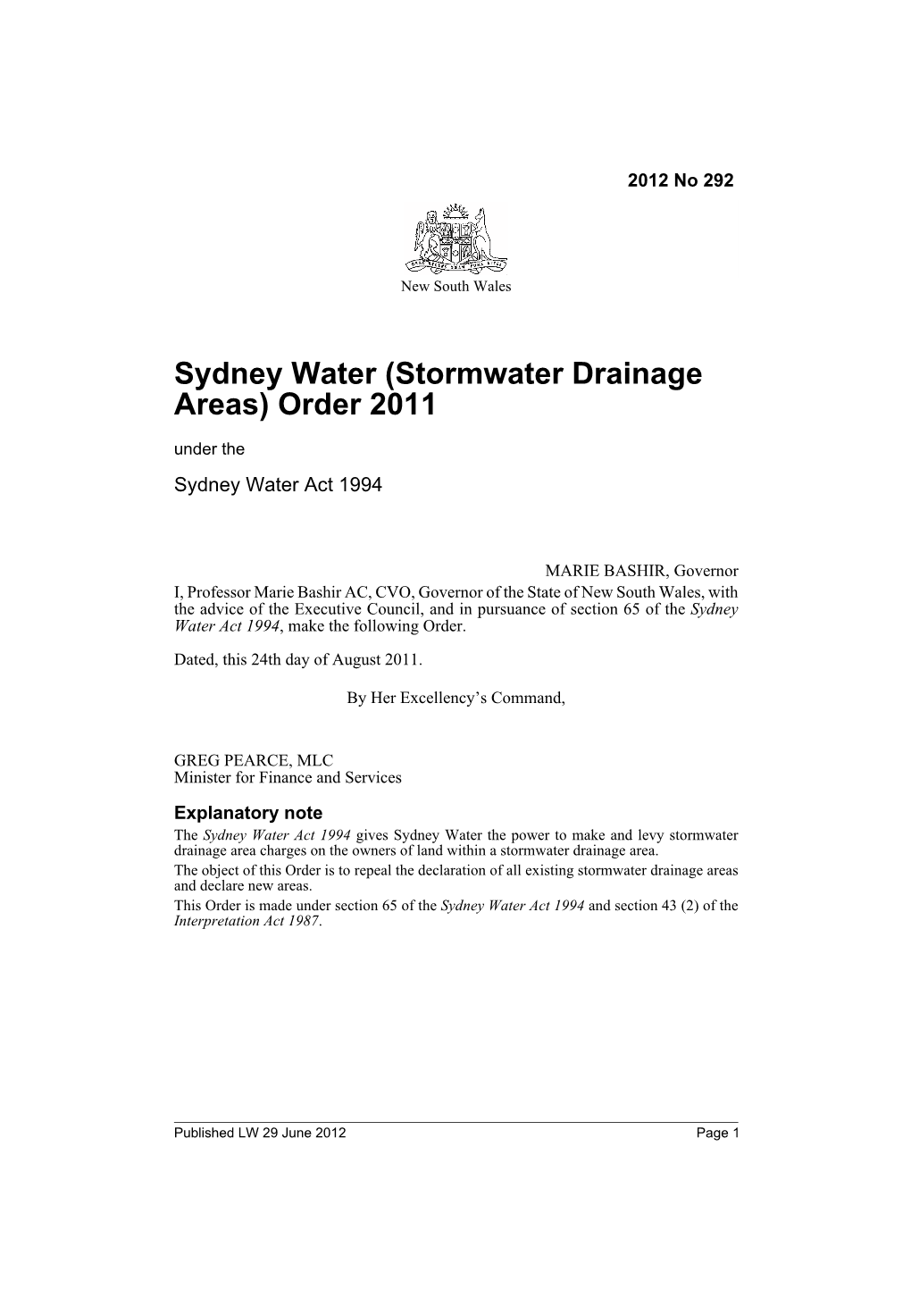 Sydney Water (Stormwater Drainage Areas) Order 2011 Under the Sydney Water Act 1994