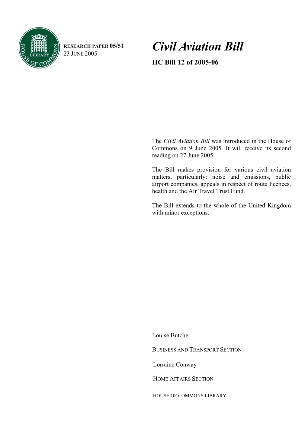 Civil Aviation Bill 23 JUNE 2005 HC Bill 12 of 2005-06