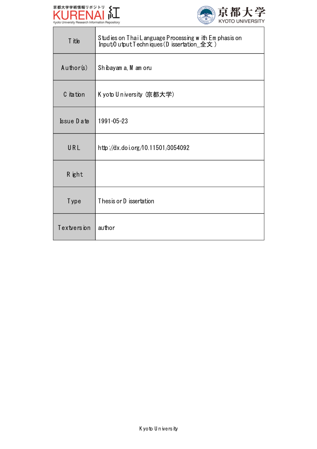 Title Studies on Thai Language Processing with Emphasis