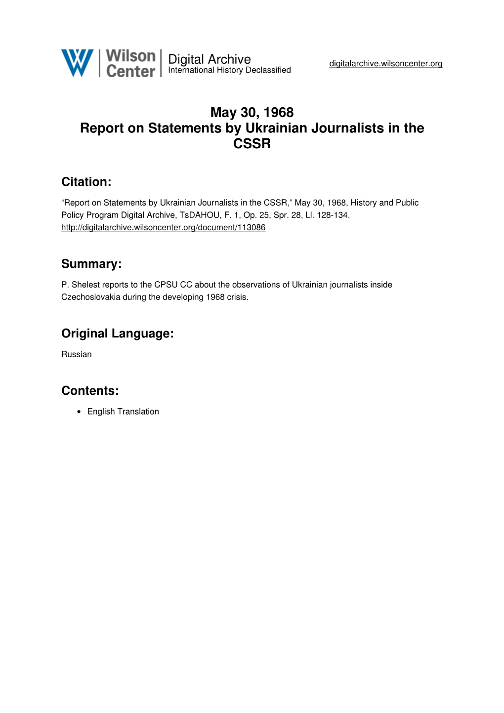 May 30, 1968 Report on Statements by Ukrainian Journalists in the CSSR