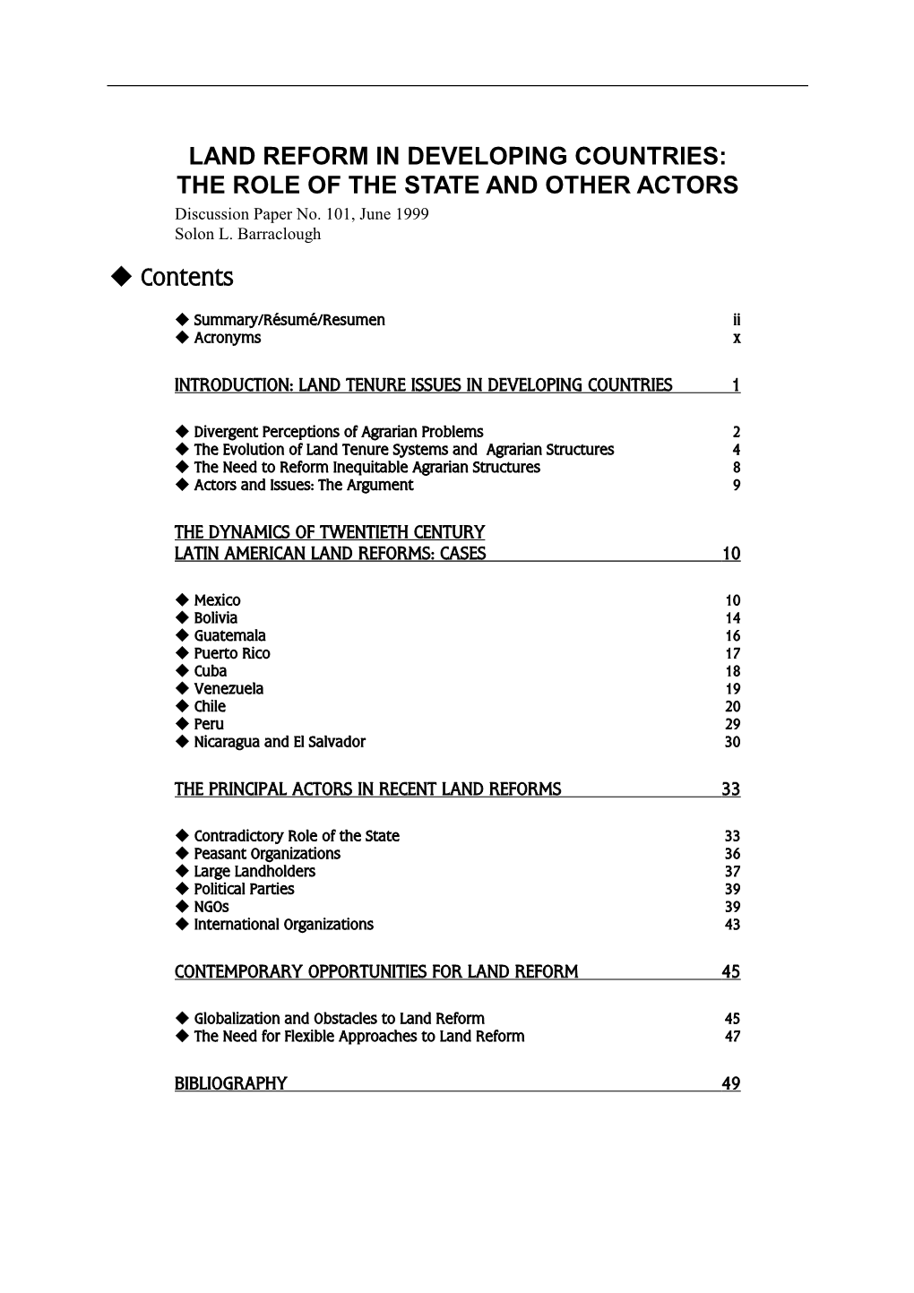 LAND REFORM in DEVELOPING COUNTRIES: the ROLE of the STATE and OTHER ACTORS Discussion Paper No