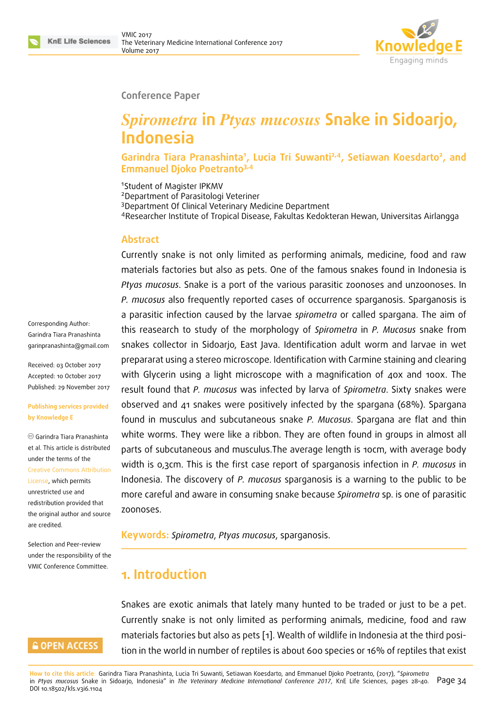 Spirometra in Ptyas Mucosus Snake in Sidoarjo, Indonesia