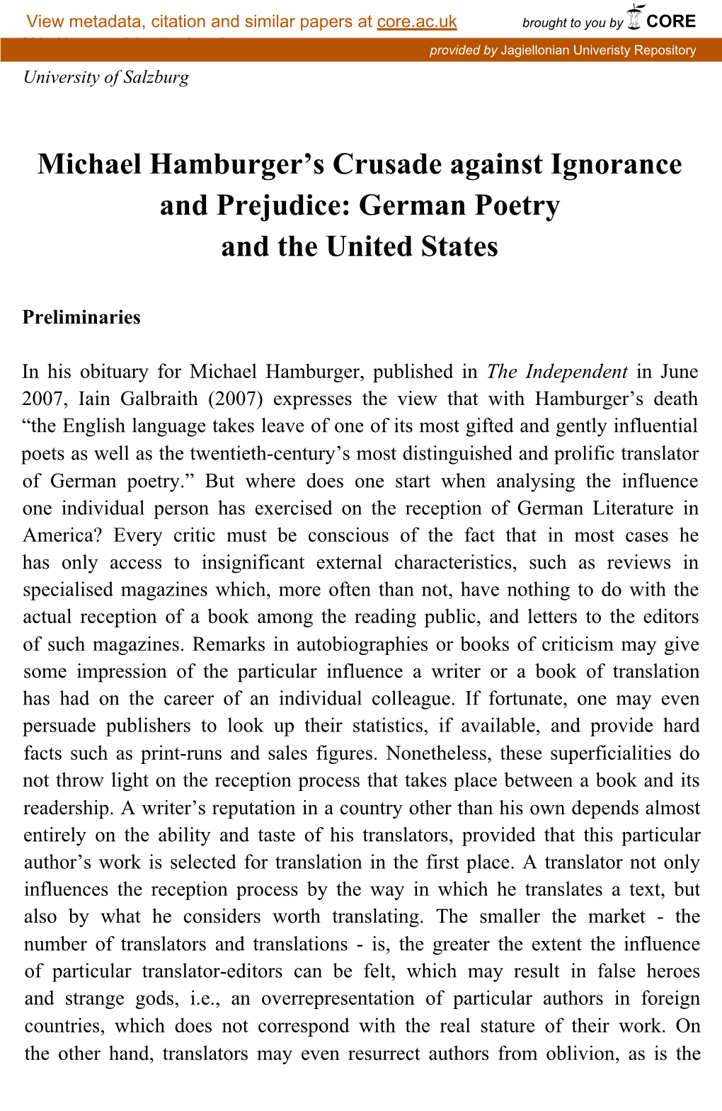 Michael Hamburger's Crusade Against Ignorance and Prejudice: German Poetry and the United States