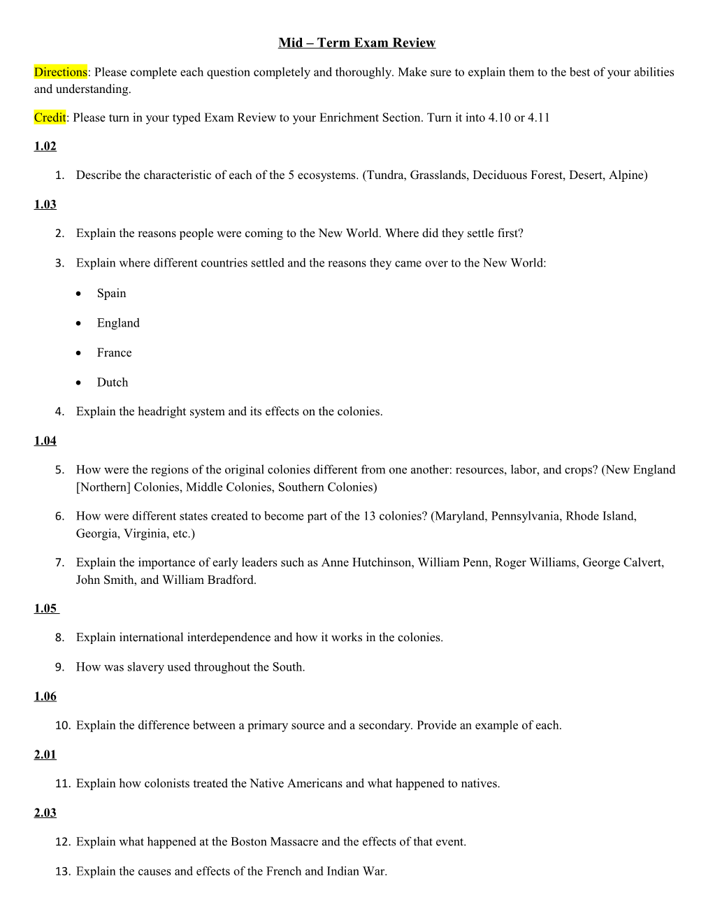 Mid Term Exam Review s1