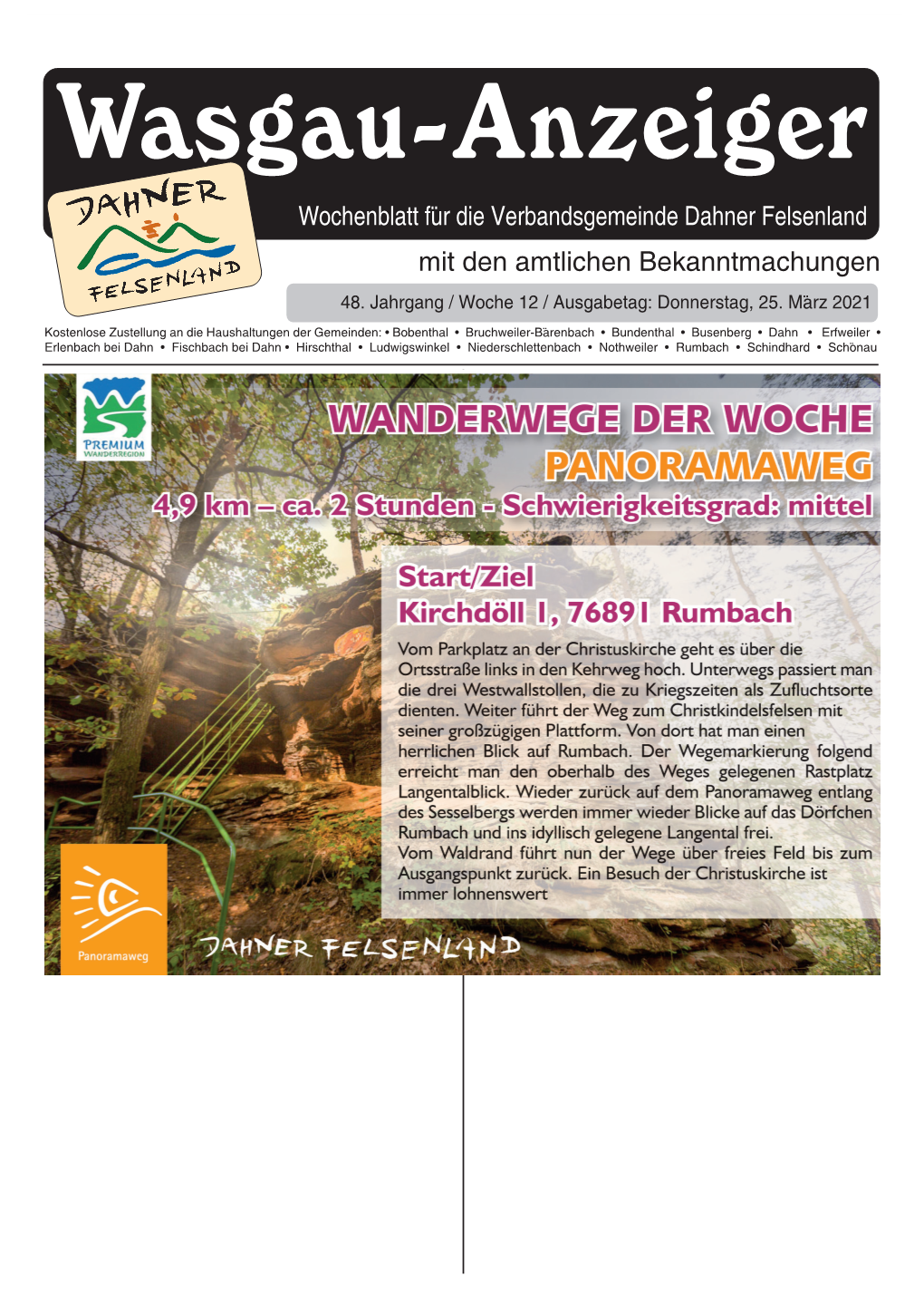 Wasgau-Anzeiger« 25. März 2021 1 Wasgau-Anzeiger Wochenblatt Für Die Verbandsgemeinde Dahner Felsenland Mit Den Amtlichen Bekanntmachungen 48