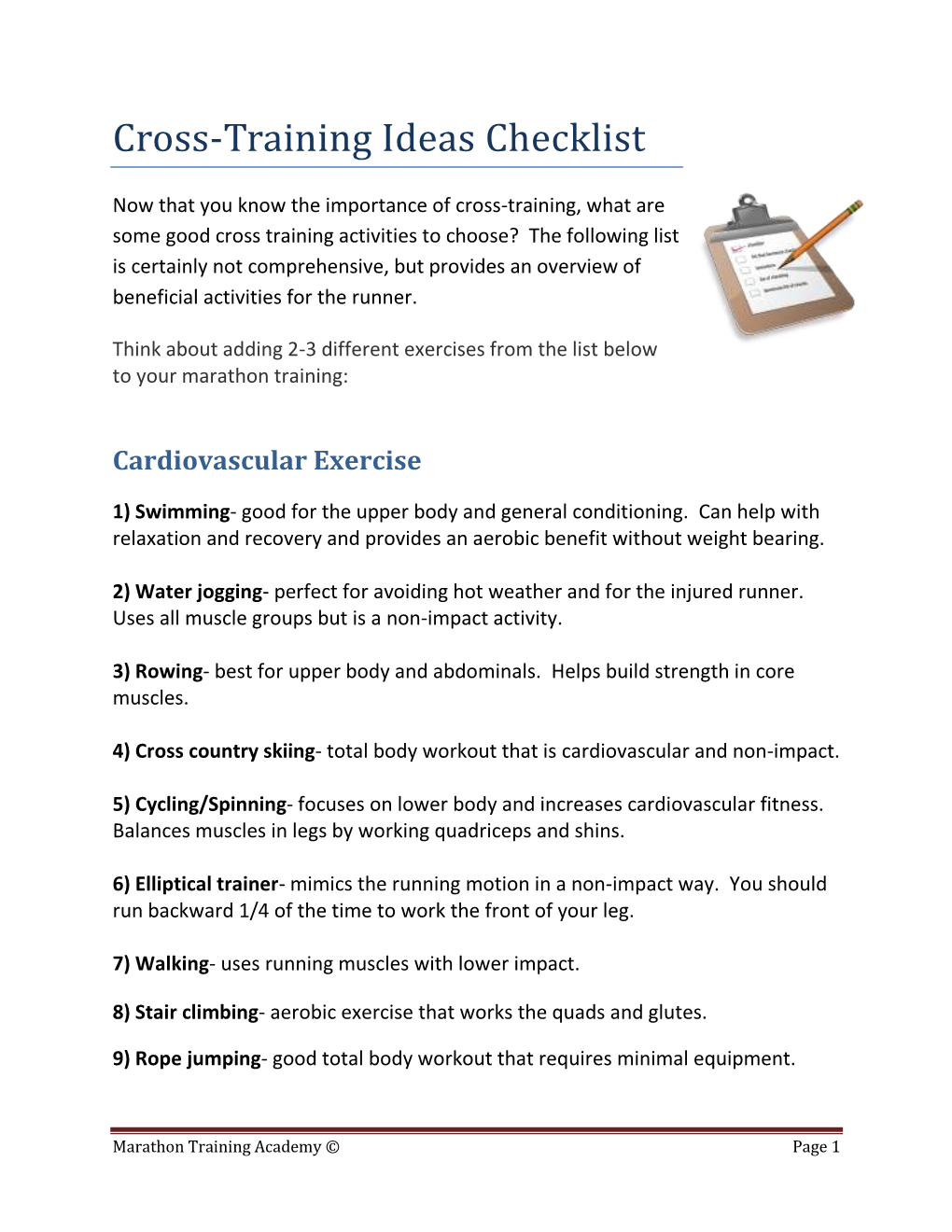 Cross-Training Ideas Checklist