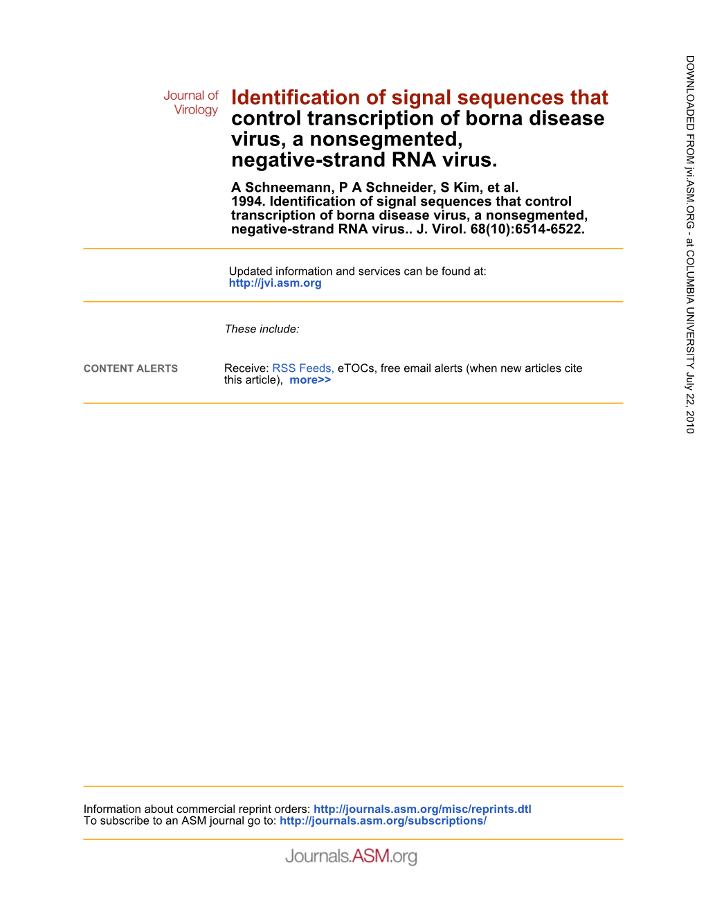 Identification of Signal Sequences That Control Transcription of Borna Disease Virus, a Nonsegmented