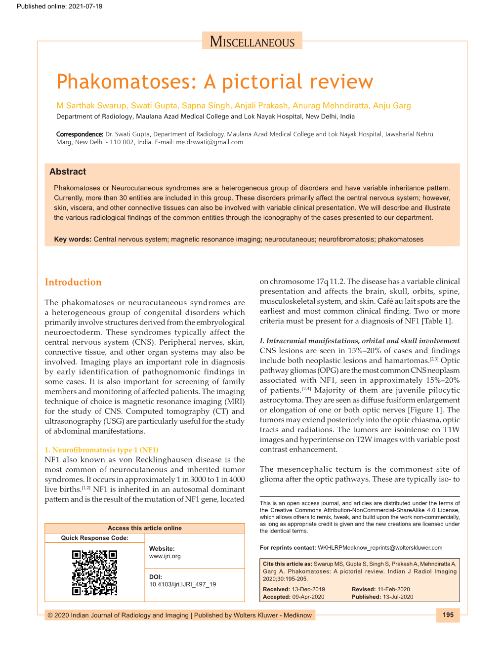 Phakomatoses: a Pictorial Review