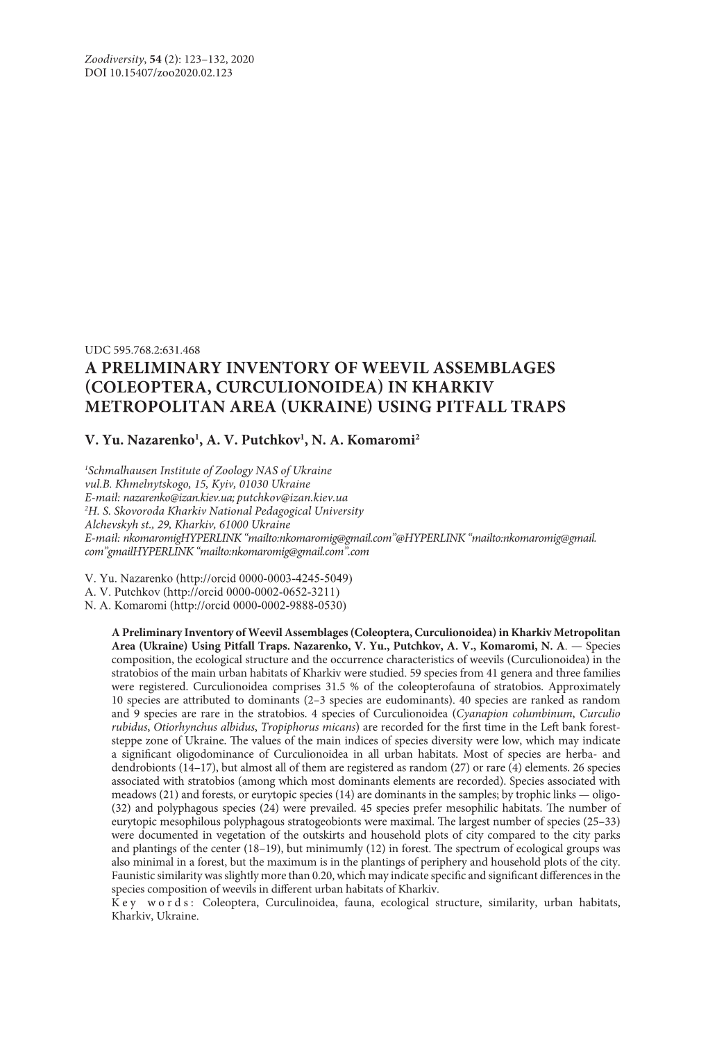 Coleoptera, Curculionoidea) in Kharkiv Metropolitan Area (Ukraine) Using Pitfall Traps