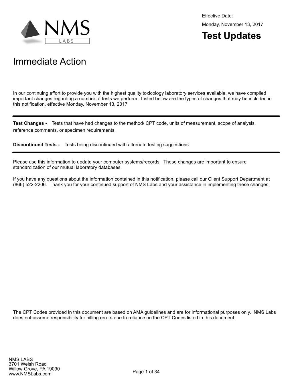 Immediate Action Test Updates