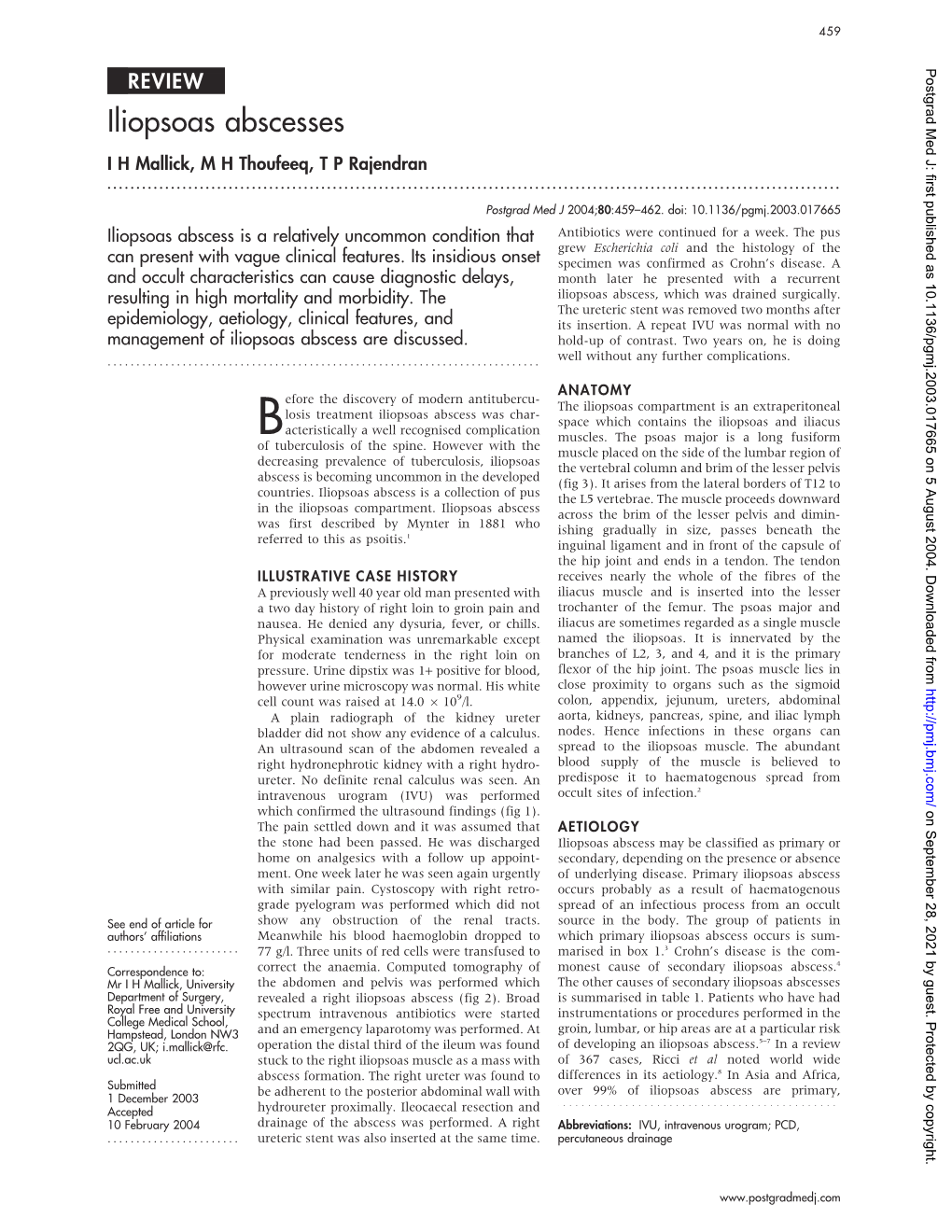 Iliopsoas Abscesses I H Mallick, M H Thoufeeq, T P Rajendran