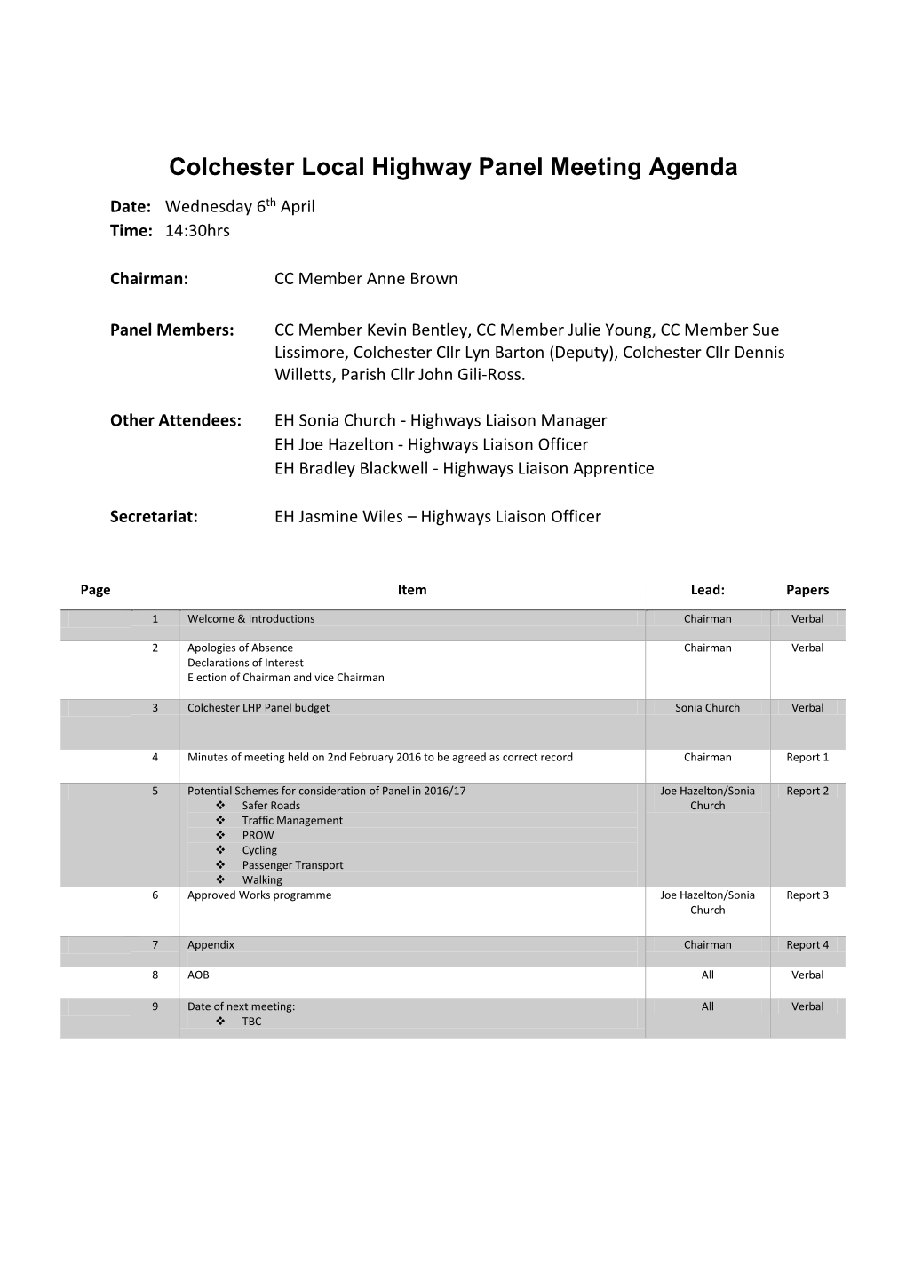 Colchester Local Highway Panel Meeting Agenda