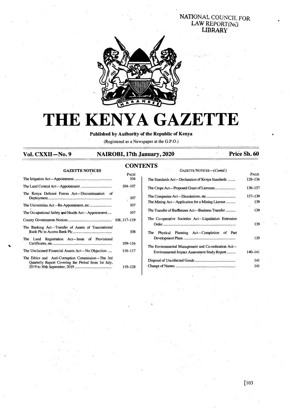 THE KENYA GAZETTE Published by Authority of the Republic of Kenya (Registered As a Newspaper at the G .P.0 .)