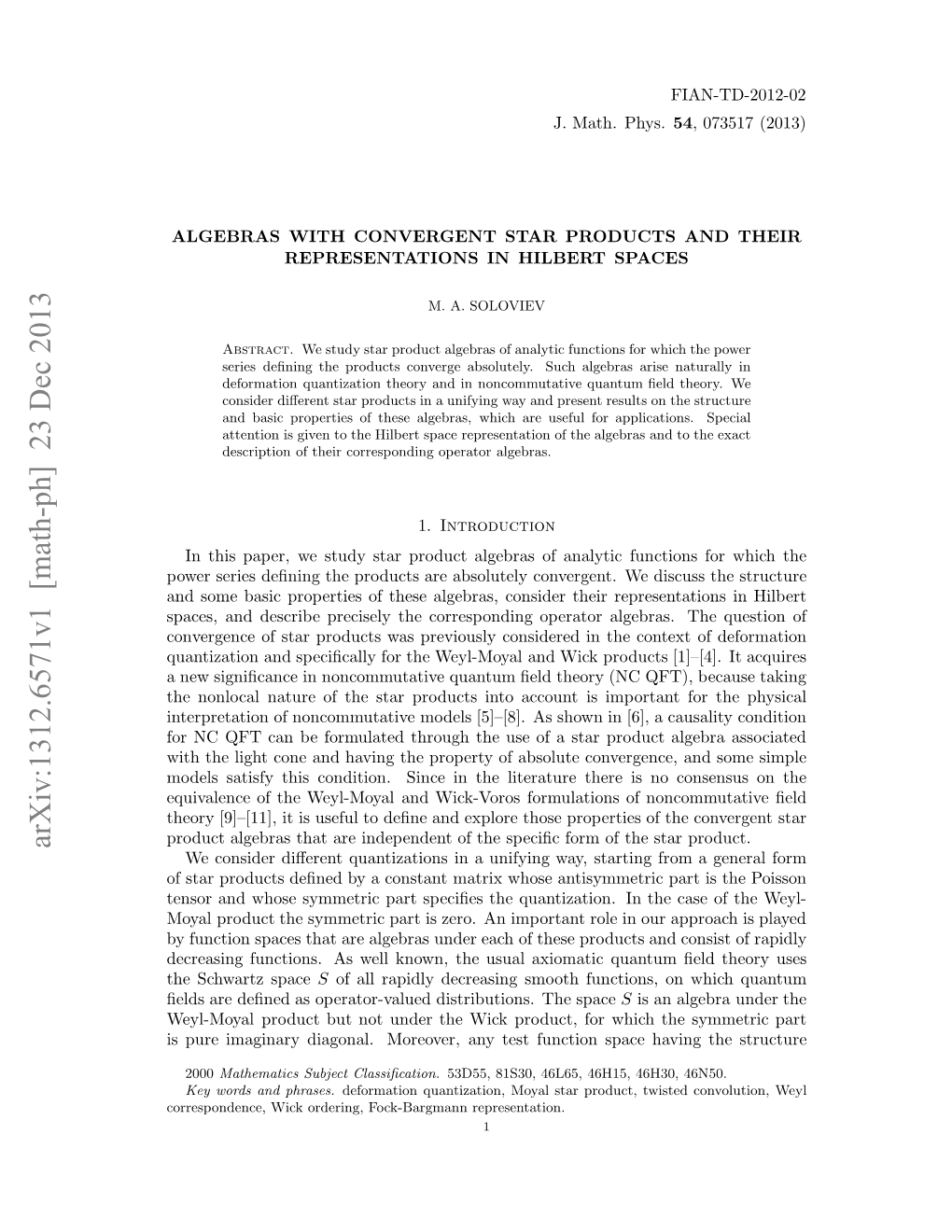 Arxiv:1312.6571V1 [Math-Ph] 23 Dec 2013 Spr Mgnr Ignl Oevr N Etfnto Spa Function Test Any Which Moreover, for Product, Diagonal