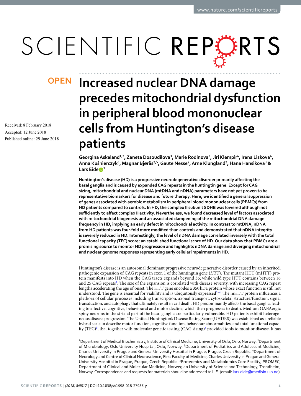 Increased Nuclear DNA Damage Precedes Mitochondrial Dysfunction in Peripheral Blood Mononuclear Cells from Huntington's Diseas