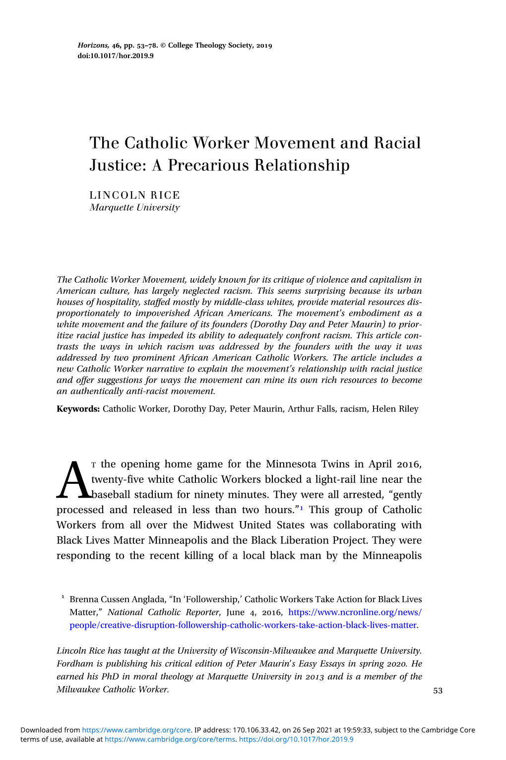 The Catholic Worker Movement and Racial Justice: a Precarious Relationship