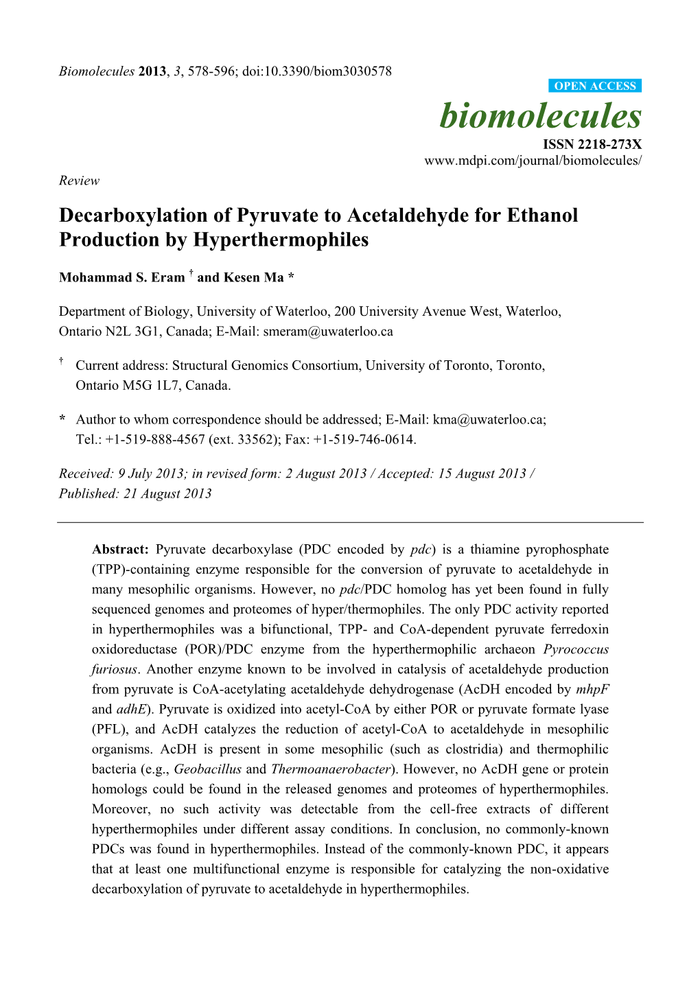 Decarboxylation of Pyruvate to Acetaldehyde for Ethanol Production by Hyperthermophiles