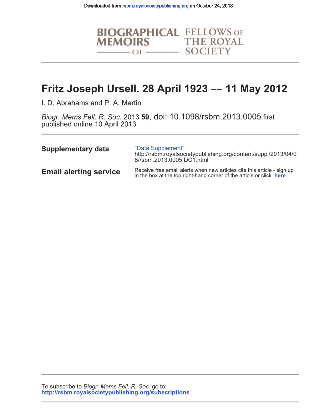 11 May 2012 −− Fritz Joseph Ursell. 28 April 1923