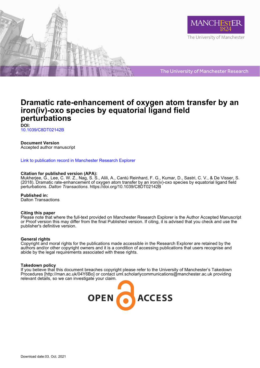 Dramatic Rate-Enhancement of Oxygen Atom Transfer by an Iron(Iv)-Oxo Species by Equatorial Ligand Field Perturbations DOI: 10.1039/C8DT02142B