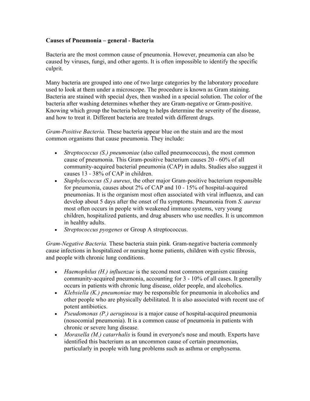 Causes of Pneumonia General - Bacteria