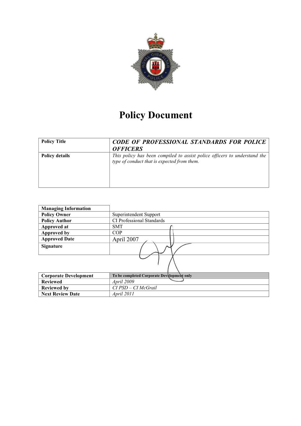 The Gibraltar Police Code of Conduct Policy