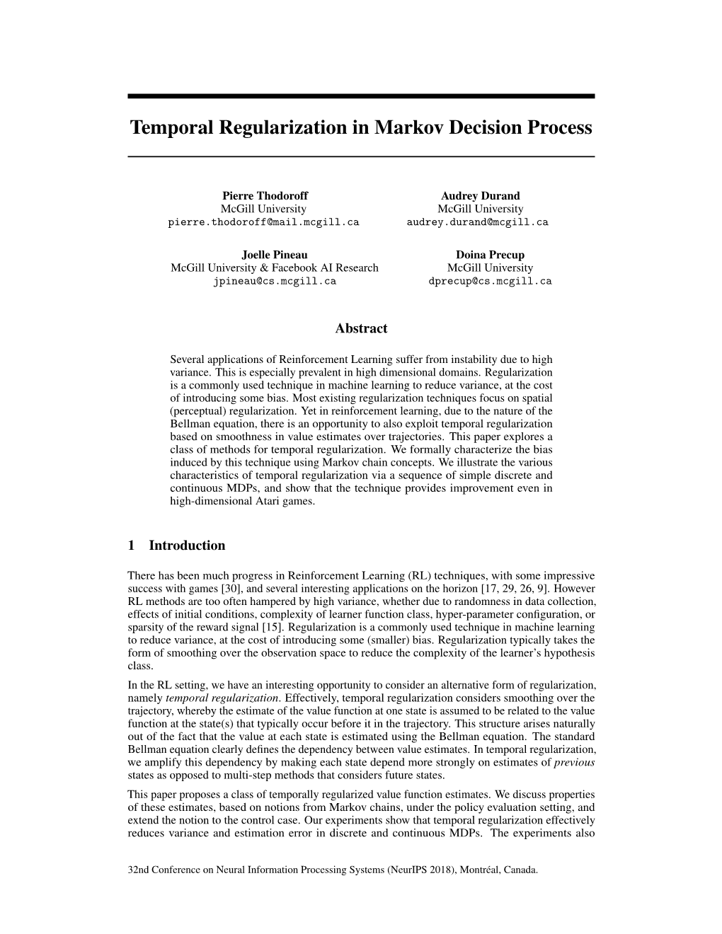 Temporal Regularization for Markov Decision Process