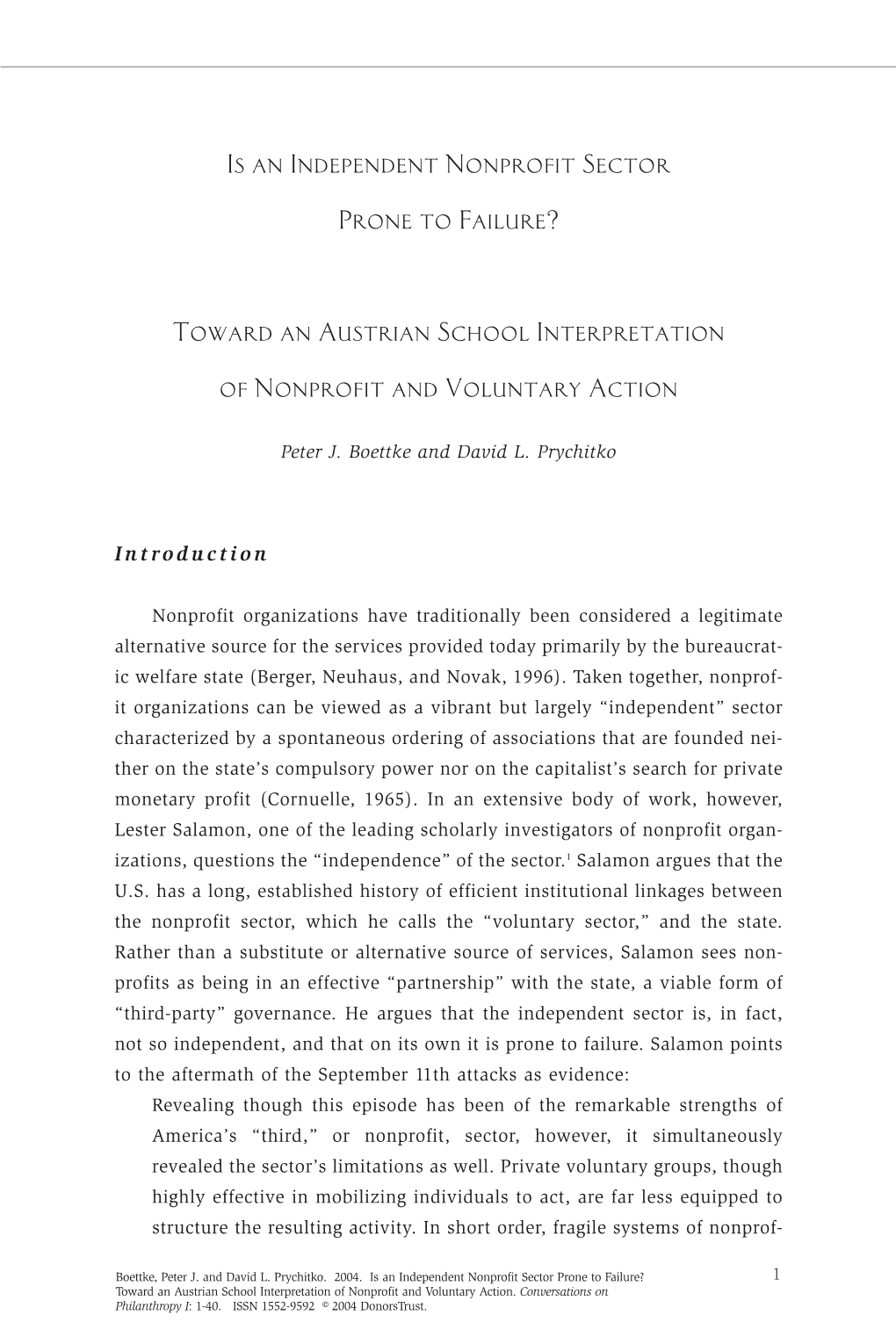 Toward an Austrian School Interpretation of Nonprofit and Voluntary Action