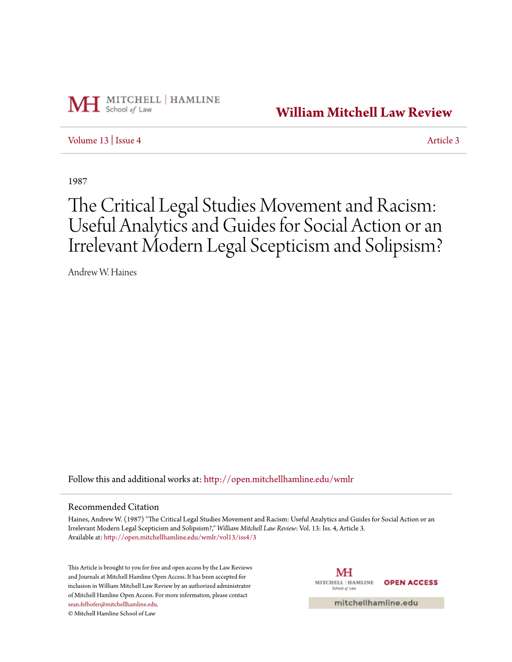 The Critical Legal Studies Movement and Racism: Useful Analytics