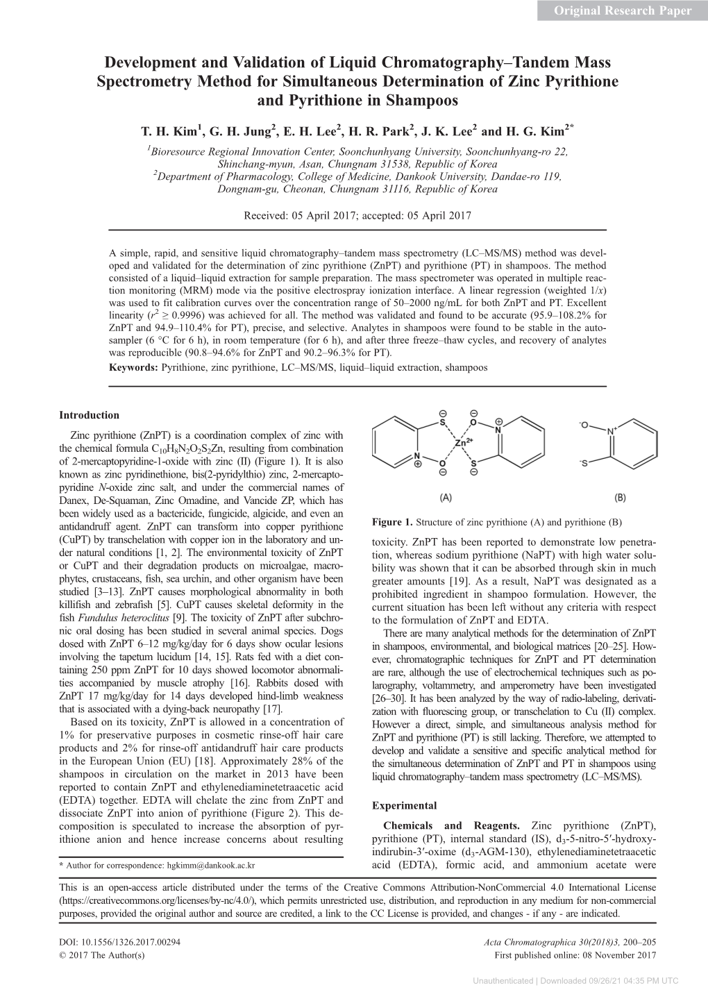 Development and Validation of Liquid Chromatography–Tandem Mass Spectrometry Method for Simultaneous Determination of Zinc Pyrithione and Pyrithione in Shampoos