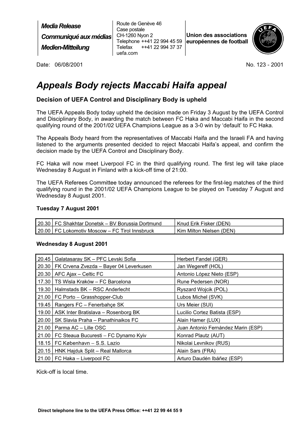 Appeals Body Rejects Maccabi Haifa Appeal