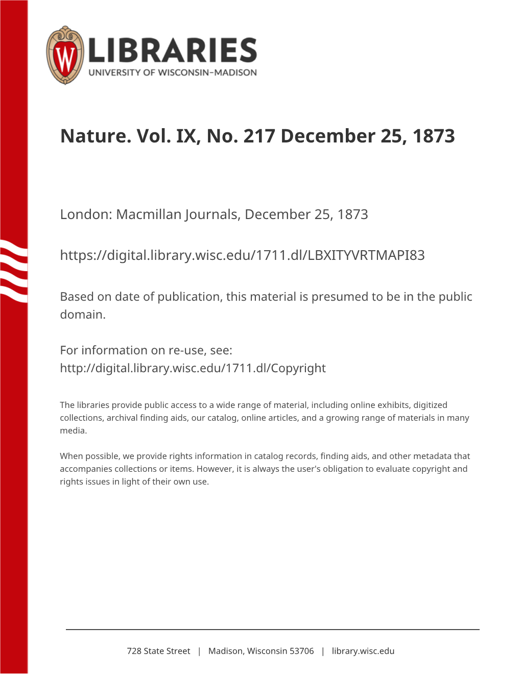 Nature. Vol. IX, No. 217 December 25, 1873
