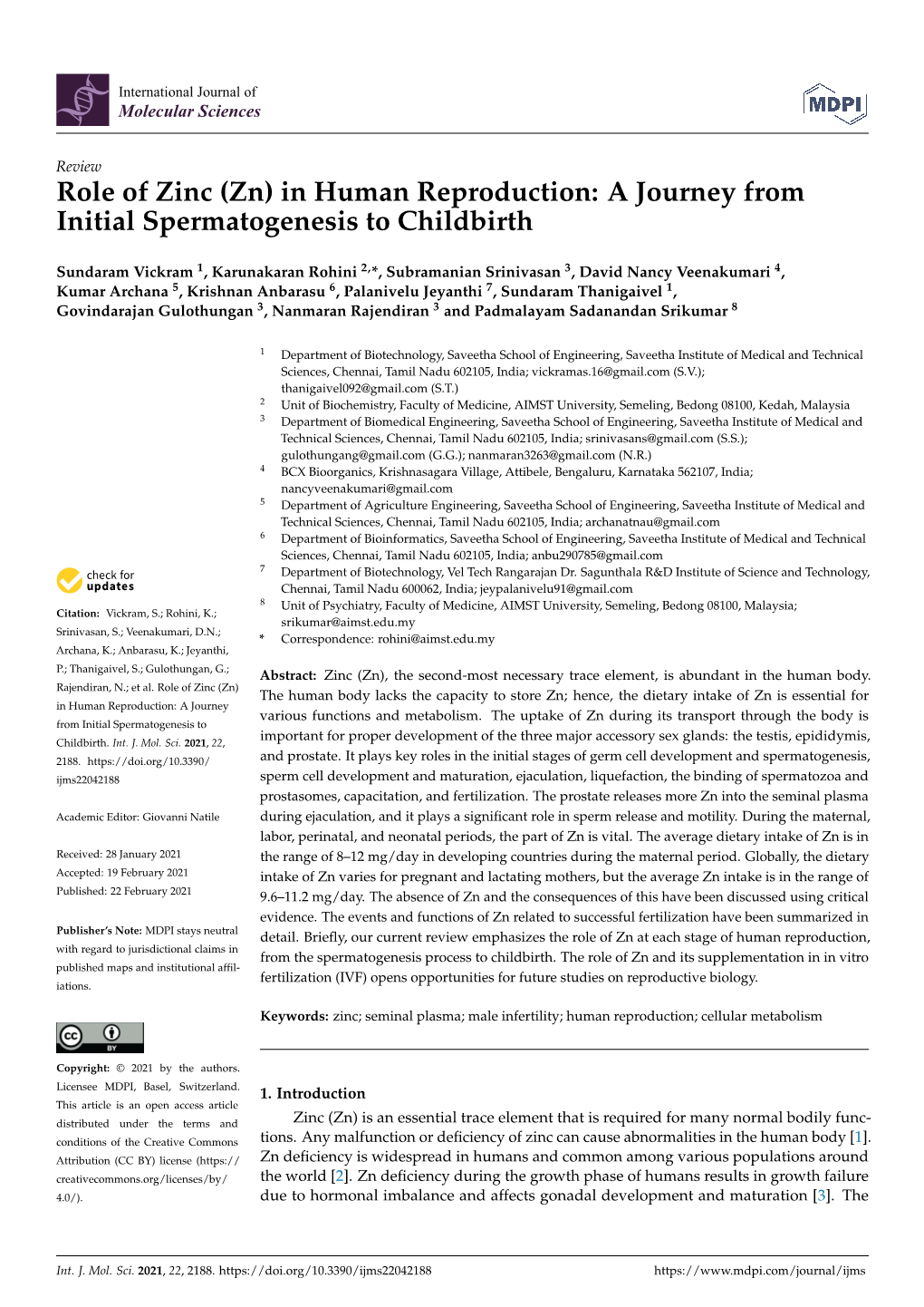 Role of Zinc (Zn) in Human Reproduction: a Journey from Initial Spermatogenesis to Childbirth