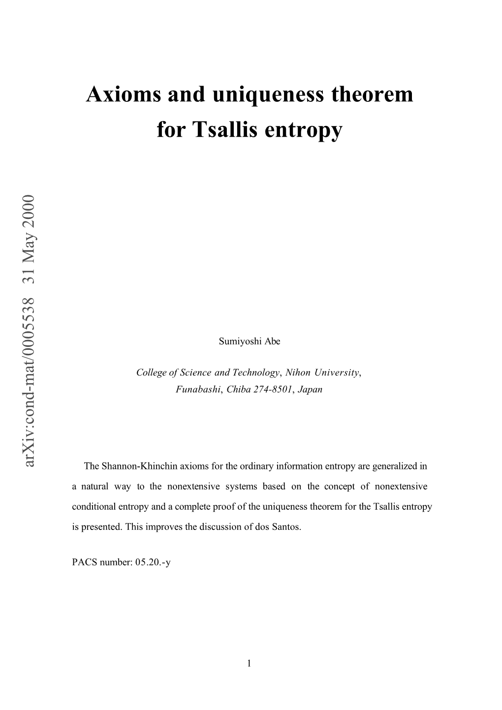 Axioms and Uniqueness Theorem for Tsallis Entropy