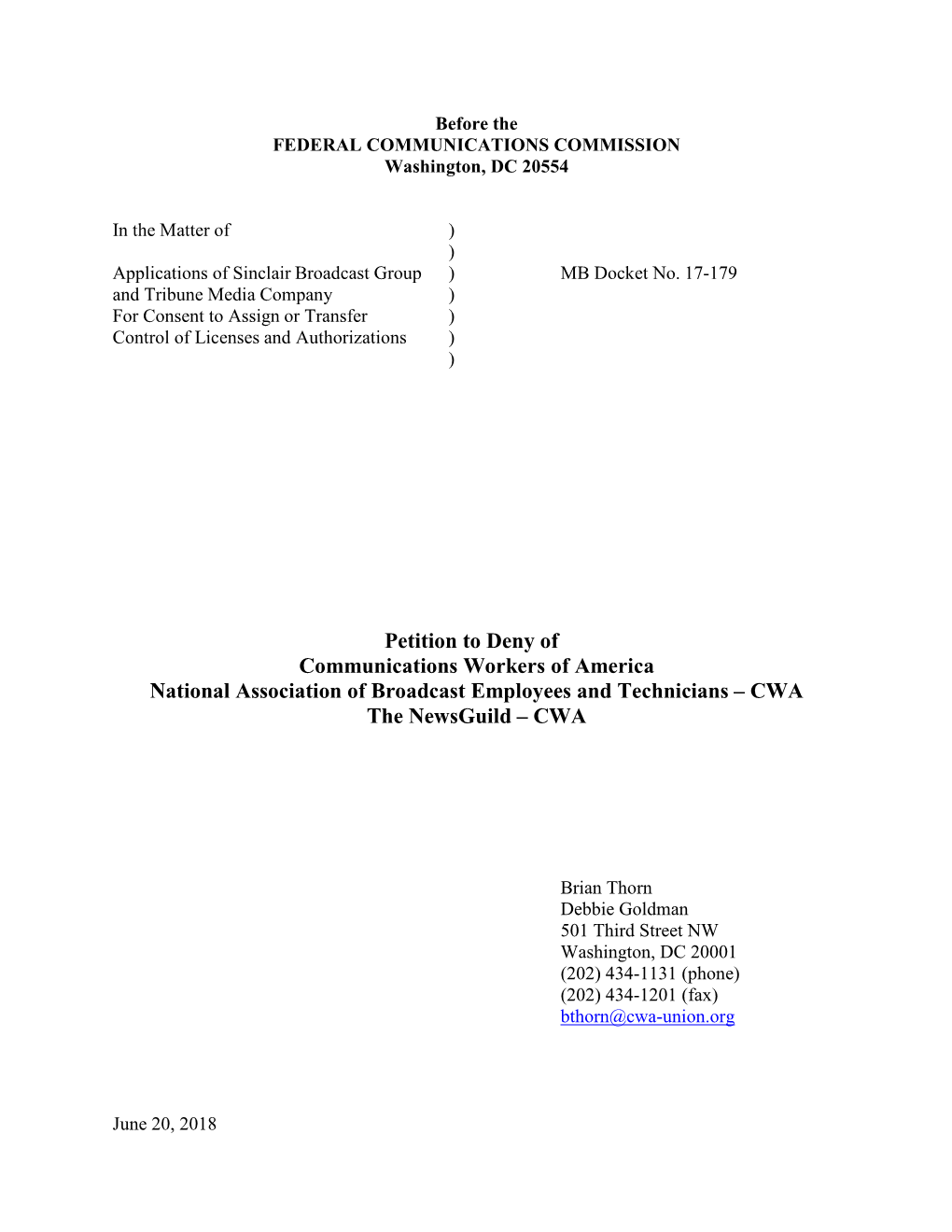 Petition to Deny of Communications Workers of America National Association of Broadcast Employees and Technicians – CWA the Newsguild – CWA