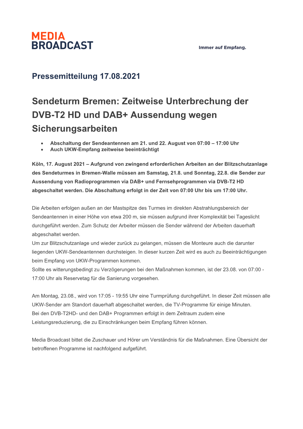 Sendeturm Bremen: Zeitweise Unterbrechung Der DVB-T2 HD Und DAB+ Aussendung Wegen Sicherungsarbeiten