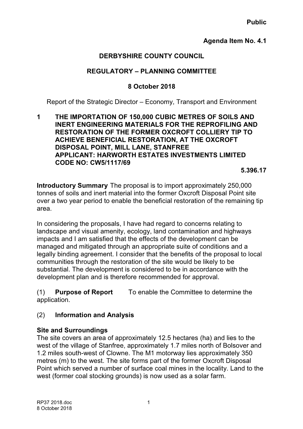 08-10-2018 the Importation of Soils Oxcroft Colliery