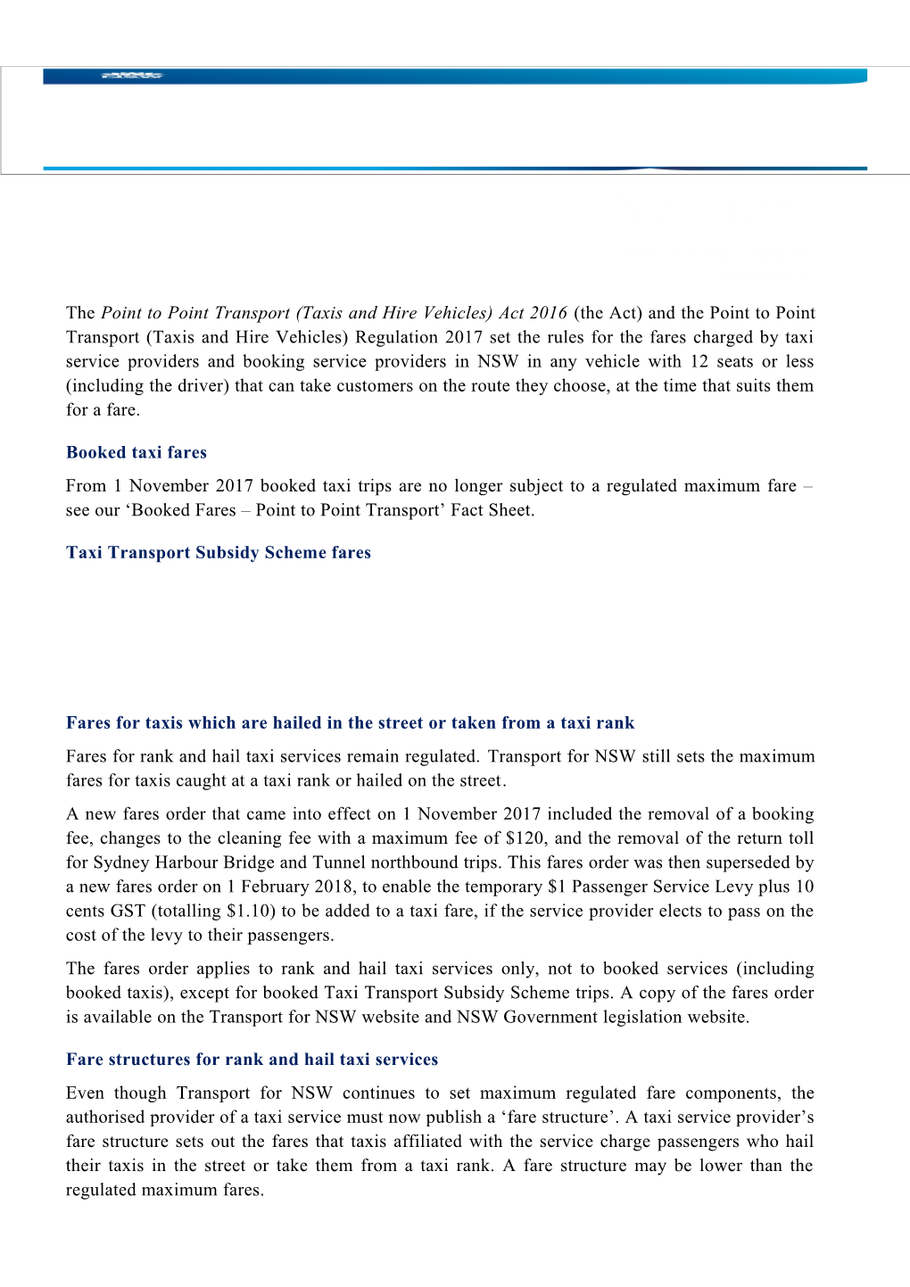 Point to Point Transport Taxi Fares Fact Sheet February 2018