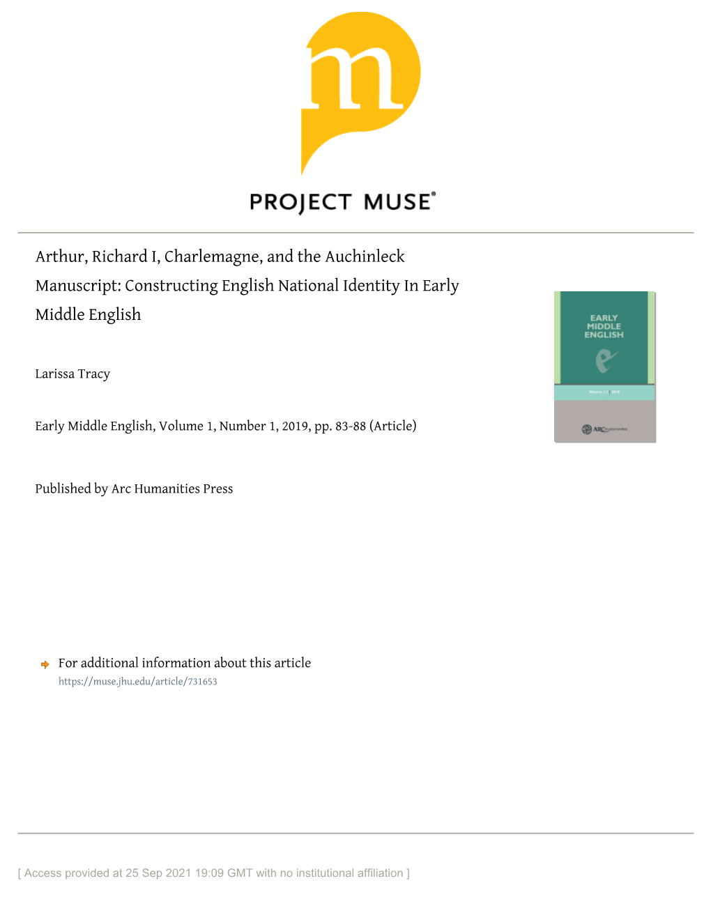 Arthur, Richard I, Charlemagne, and the Auchinleck Manuscript: Constructing English National Identity in Early Middle English