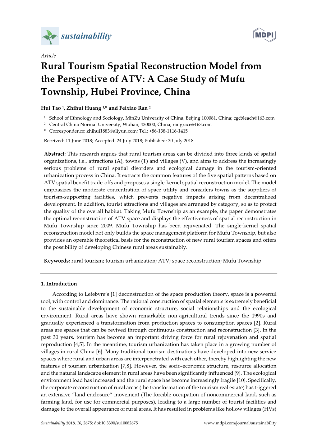 Rural Tourism Spatial Reconstruction Model from the Perspective of ATV: a Case Study of Mufu Township, Hubei Province, China