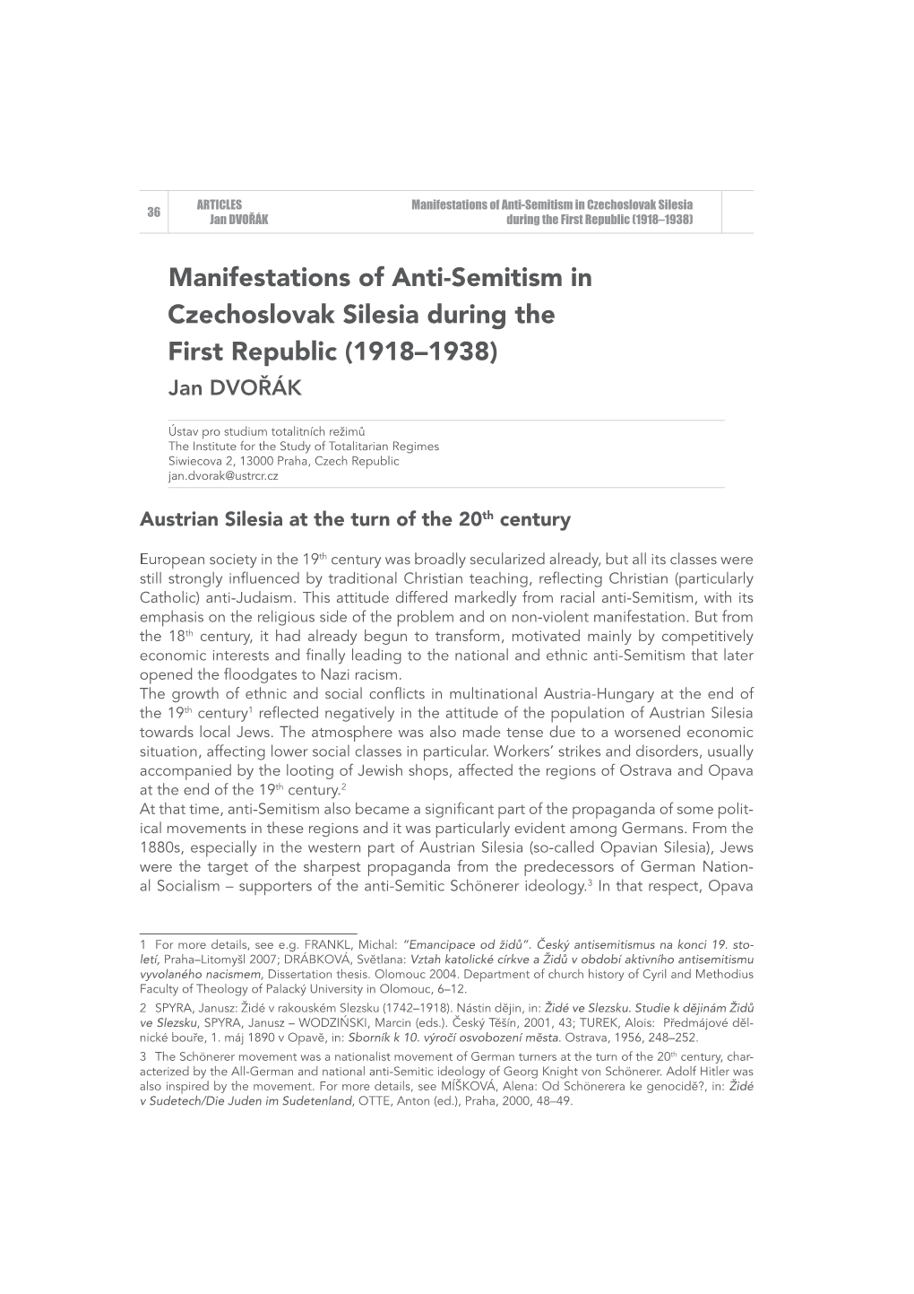 Manifestations of Anti-Semitism in Czechoslovak Silesia 36 -DQ'92ŐÉ