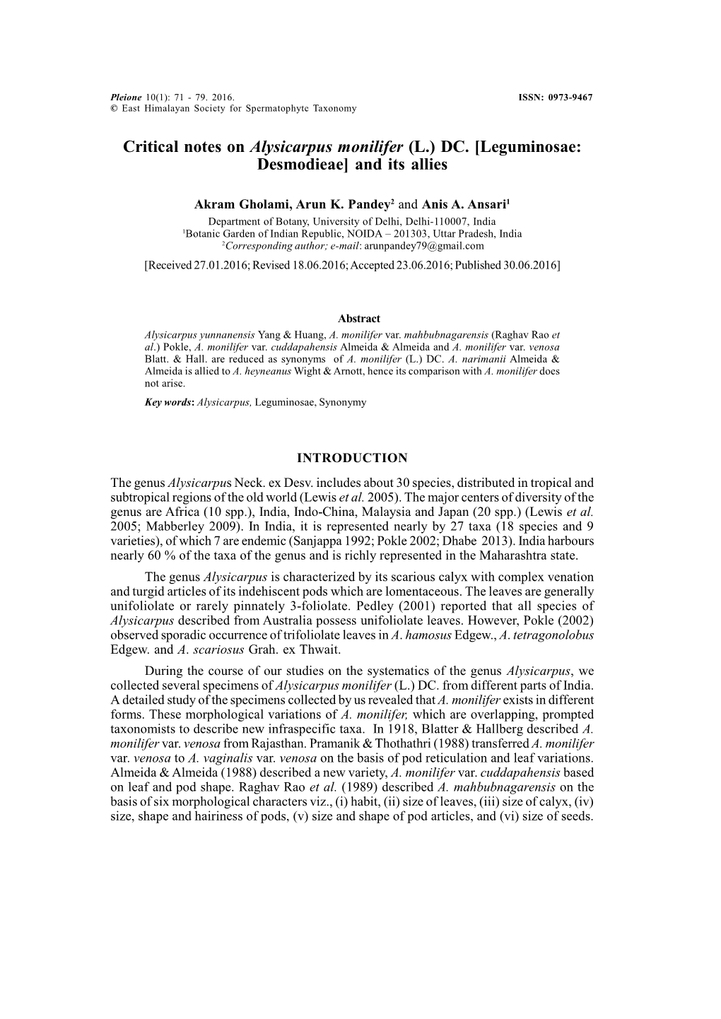 Critical Notes on Alysicarpus Monilifer (L.) DC. [Leguminosae: Desmodieae] and Its Allies